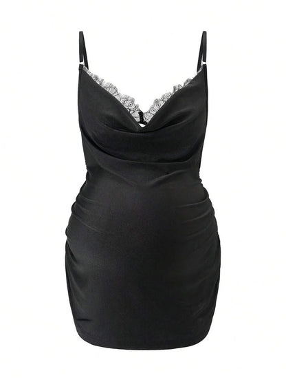 Apricot Cowl Neck Maternity Cami - Sexy Lace Detail Asymmetrical Spaghetti Strap Camisole - Lightweight Cold Shoulder Night Out Top