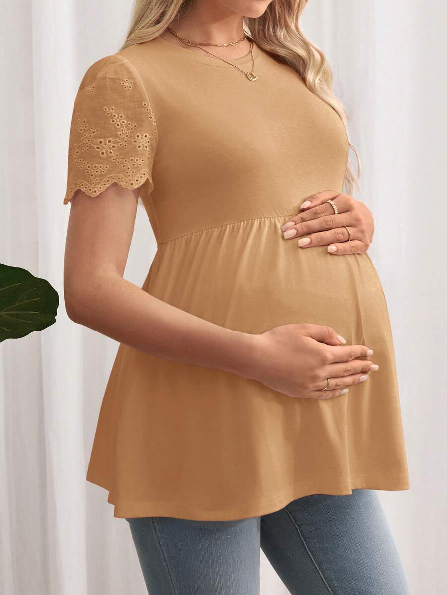 Black Maternity Knitted T-Shirt with Scalloped Short Sleeves and Flared Hem - Casual Round Neck Pregnancy Top
