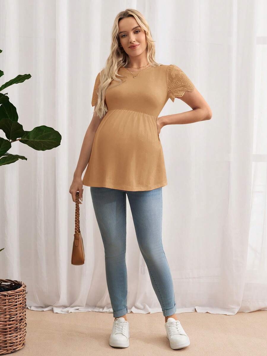 Black Maternity Knitted T-Shirt with Scalloped Short Sleeves and Flared Hem - Casual Round Neck Pregnancy Top
