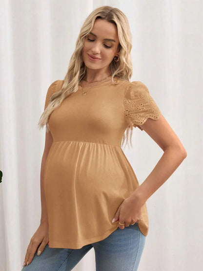 Black Maternity Knitted T-Shirt with Scalloped Short Sleeves and Flared Hem - Casual Round Neck Pregnancy Top