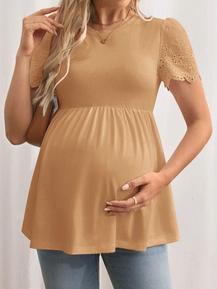 Black Maternity Knitted T-Shirt with Scalloped Short Sleeves and Flared Hem - Casual Round Neck Pregnancy Top