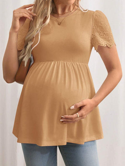 Black Maternity Knitted T-Shirt with Scalloped Short Sleeves and Flared Hem - Casual Round Neck Pregnancy Top