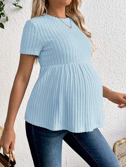 Baby Blue Maternity Ribbed Peplum Long Sleeve T-Shirt - Slim Fit Ruffle Hem Knit Maternity Top for Casual Daily Wear