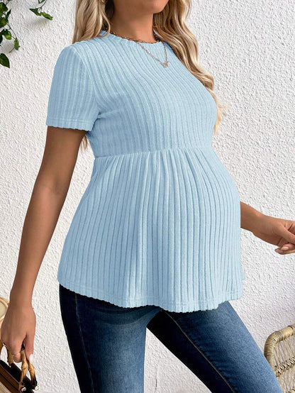 Baby Blue Maternity Ribbed Peplum Long Sleeve T-Shirt - Slim Fit Ruffle Hem Knit Maternity Top for Casual Daily Wear