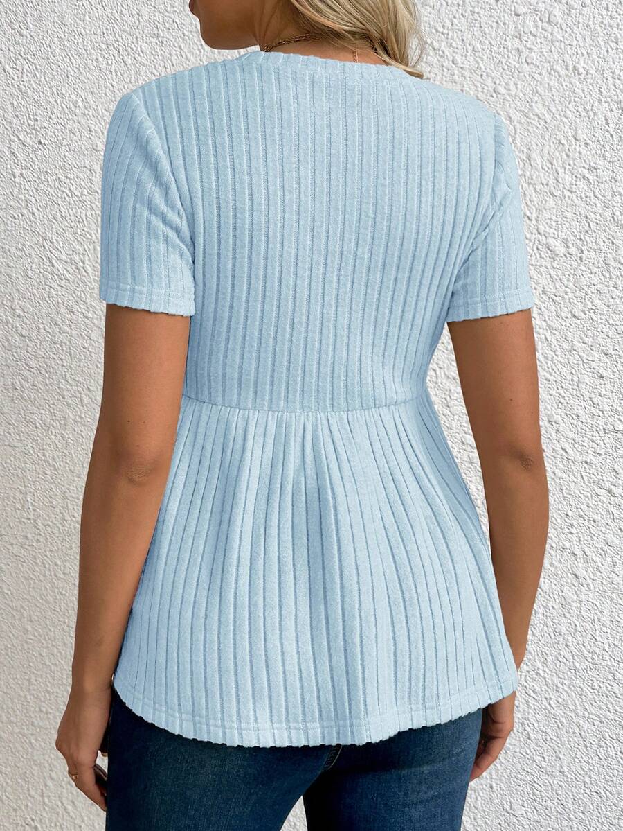 Baby Blue Maternity Ribbed Peplum Long Sleeve T-Shirt - Slim Fit Ruffle Hem Knit Maternity Top for Casual Daily Wear