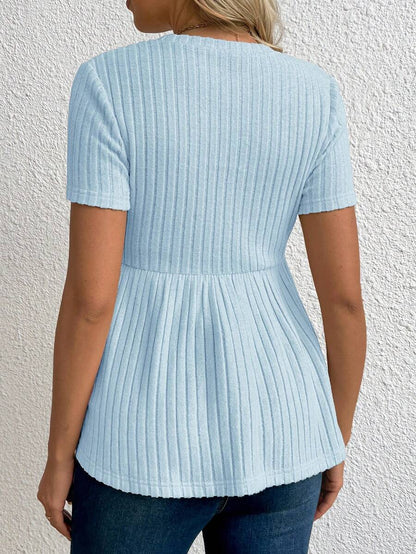 Baby Blue Maternity Ribbed Peplum Long Sleeve T-Shirt - Slim Fit Ruffle Hem Knit Maternity Top for Casual Daily Wear
