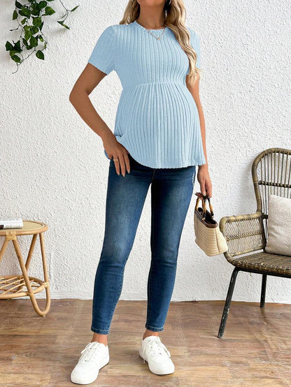 Baby Blue Maternity Ribbed Peplum Long Sleeve T-Shirt - Slim Fit Ruffle Hem Knit Maternity Top for Casual Daily Wear