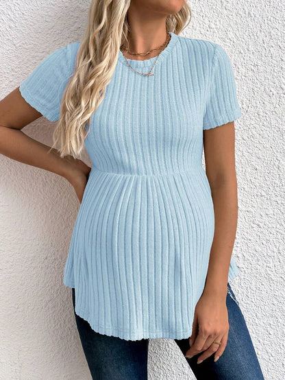 Baby Blue Maternity Ribbed Peplum Long Sleeve T-Shirt - Slim Fit Ruffle Hem Knit Maternity Top for Casual Daily Wear
