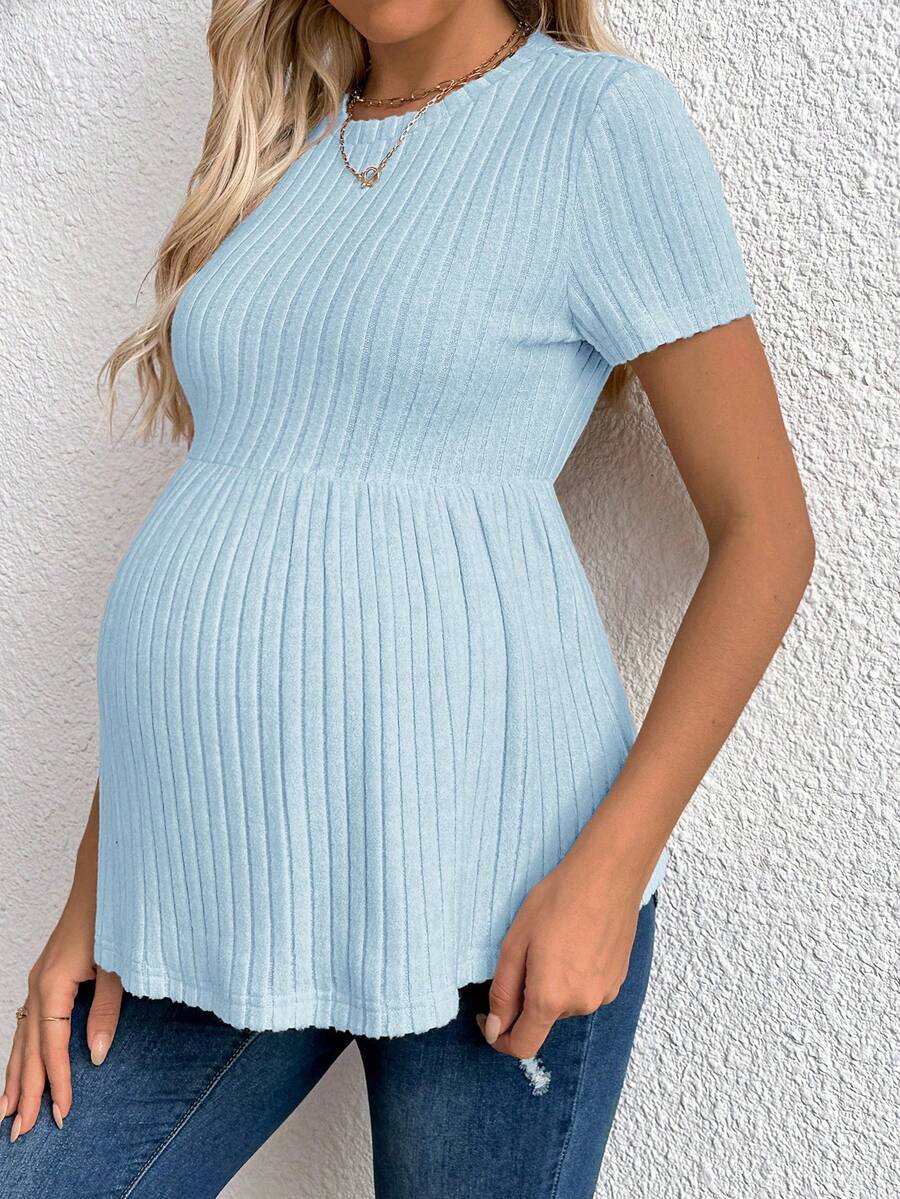 Baby Blue Maternity Ribbed Peplum Long Sleeve T-Shirt - Slim Fit Ruffle Hem Knit Maternity Top for Casual Daily Wear