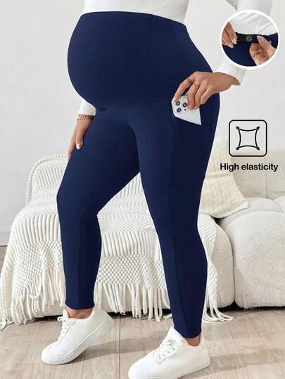 Plus Size Maternity Leggings - Adjustable Waist, Phone Pocket, Ultra High Waist, Slim Fit, Royal Blue