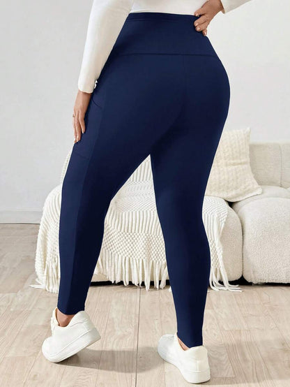Plus Size Maternity Leggings - Adjustable Waist, Phone Pocket, Ultra High Waist, Slim Fit, Royal Blue