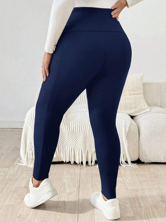 Plus Size Maternity Leggings - Adjustable Waist, Phone Pocket, Ultra High Waist, Slim Fit, Royal Blue