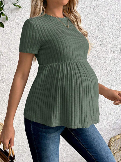 Maternity Rib Knit Ruffle Hem Top Black Round Neck Short Sleeve Slim Fit Casual Flared Tee Shirt for Daily Wear