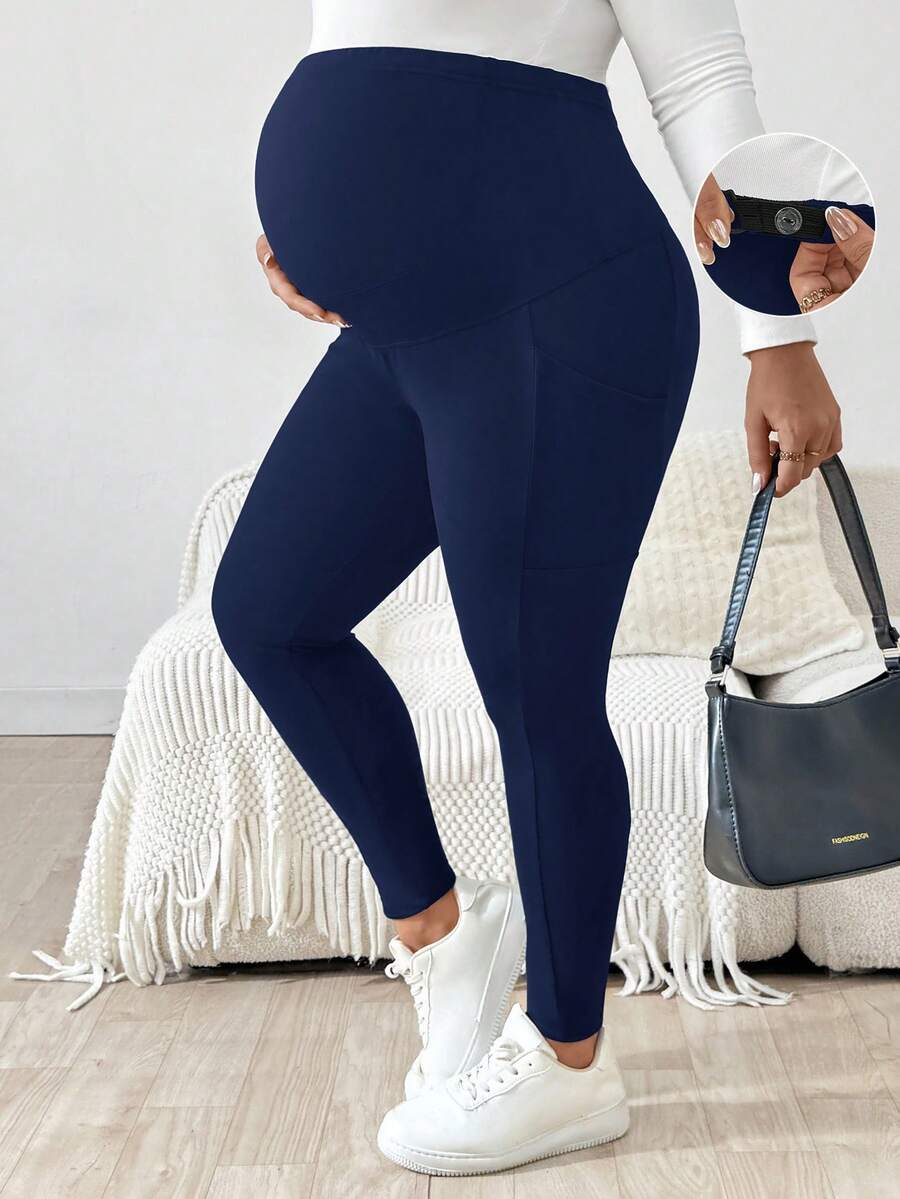 Plus Size Maternity Leggings - Adjustable Waist, Phone Pocket, Ultra High Waist, Slim Fit, Royal Blue