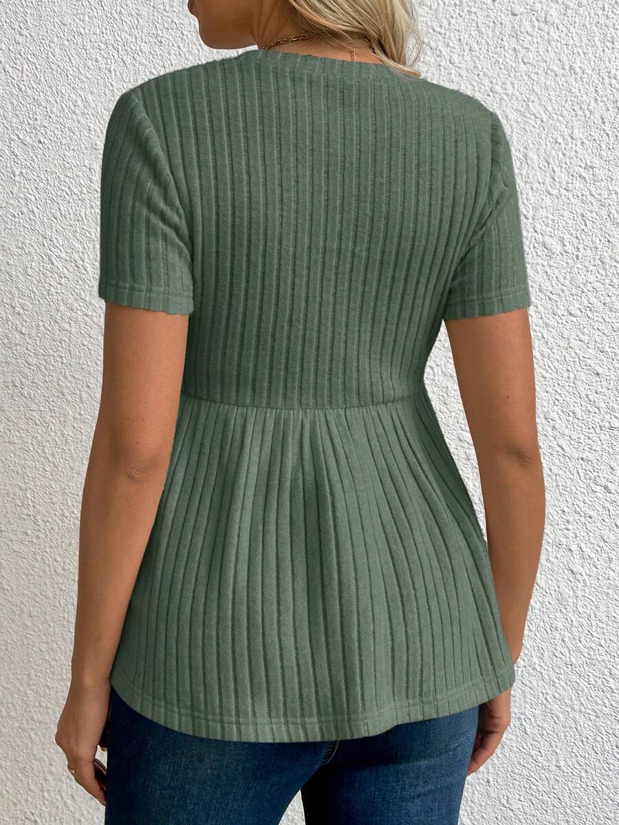 Maternity Rib Knit Ruffle Hem Top Black Round Neck Short Sleeve Slim Fit Casual Flared Tee Shirt for Daily Wear