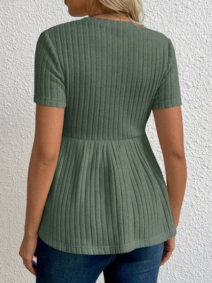 Maternity Rib Knit Ruffle Hem Top Black Round Neck Short Sleeve Slim Fit Casual Flared Tee Shirt for Daily Wear
