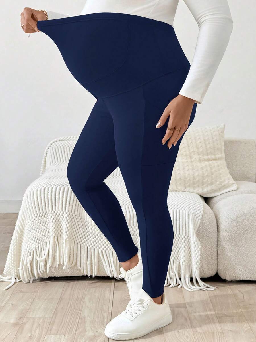 Plus Size Maternity Leggings - Adjustable Waist, Phone Pocket, Ultra High Waist, Slim Fit, Royal Blue