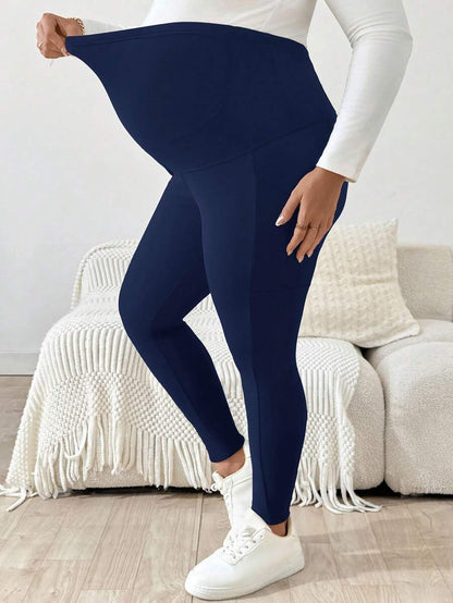 Plus Size Maternity Leggings - Adjustable Waist, Phone Pocket, Ultra High Waist, Slim Fit, Royal Blue