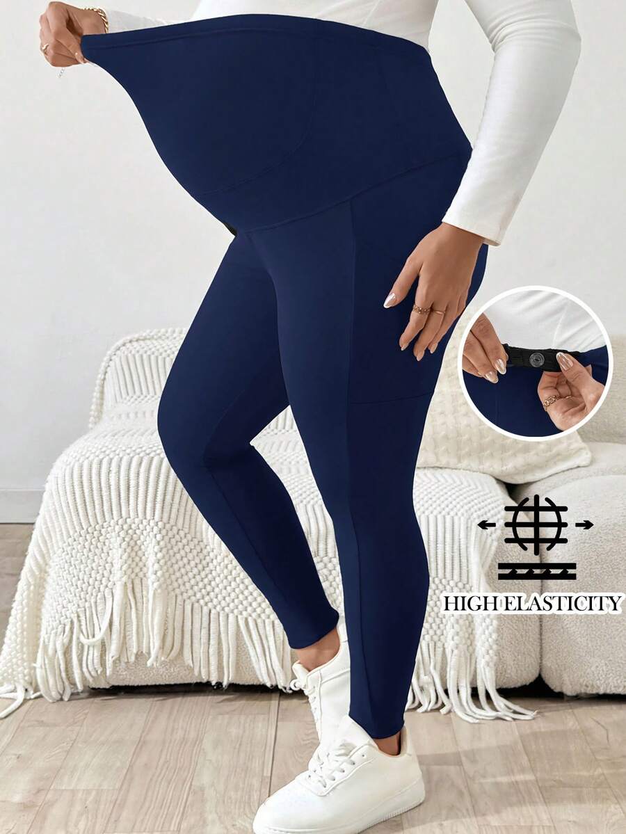 Plus Size Maternity Leggings - Adjustable Waist, Phone Pocket, Ultra High Waist, Slim Fit, Royal Blue