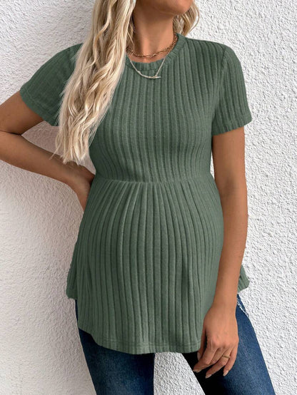 Maternity Rib Knit Ruffle Hem Top Black Round Neck Short Sleeve Slim Fit Casual Flared Tee Shirt for Daily Wear