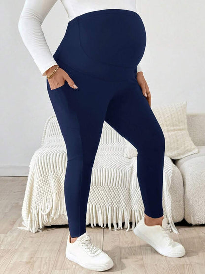Plus Size Maternity Leggings - Adjustable Waist, Phone Pocket, Ultra High Waist, Slim Fit, Royal Blue