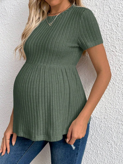 Maternity Rib Knit Ruffle Hem Top Black Round Neck Short Sleeve Slim Fit Casual Flared Tee Shirt for Daily Wear