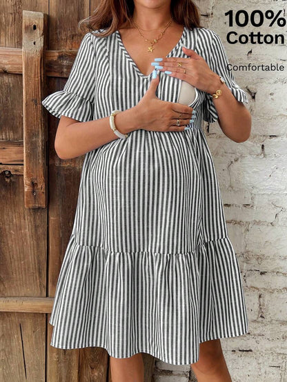 Maternity Striped Nursing Dress - V Neck, Flounce Sleeve, Ruffle Hem, Short, Green