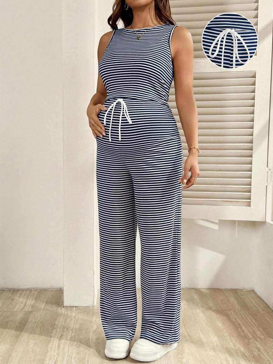 2-Piece Striped Maternity Camisole and Pants Set - Brown Slim Fit Sleeveless Top and Long Drawstring Pants Terno Outfit