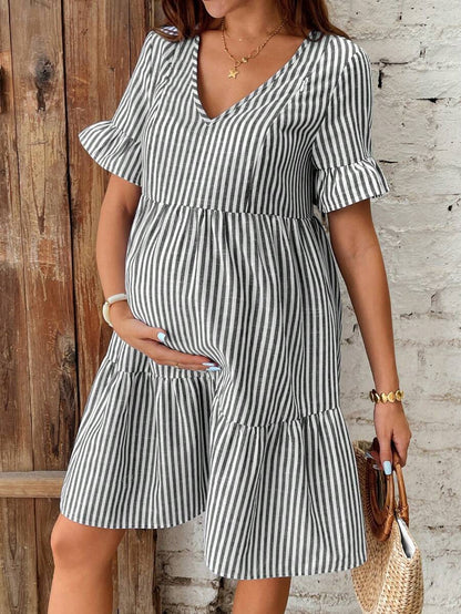 Maternity Striped Nursing Dress - V Neck, Flounce Sleeve, Ruffle Hem, Short, Green