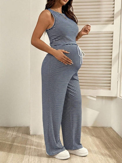 2-Piece Striped Maternity Camisole and Pants Set - Brown Slim Fit Sleeveless Top and Long Drawstring Pants Terno Outfit