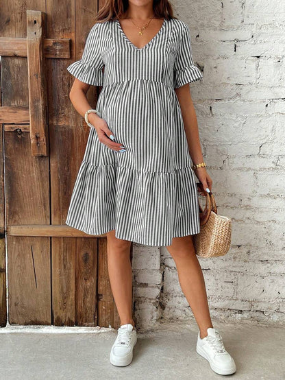 Maternity Striped Nursing Dress - V Neck, Flounce Sleeve, Ruffle Hem, Short, Green