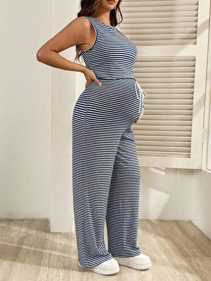 2-Piece Striped Maternity Camisole and Pants Set - Brown Slim Fit Sleeveless Top and Long Drawstring Pants Terno Outfit