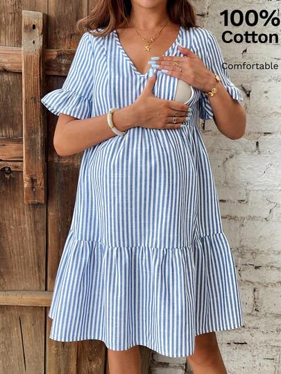 Blue Striped Maternity Nursing Dress with V-Neck Flounce Sleeves and Zipper Detail - Chic Short Casual Cotton Blend Office Dress