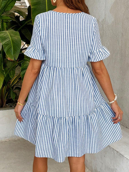 Blue Striped Maternity Nursing Dress with V-Neck Flounce Sleeves and Zipper Detail - Chic Short Casual Cotton Blend Office Dress