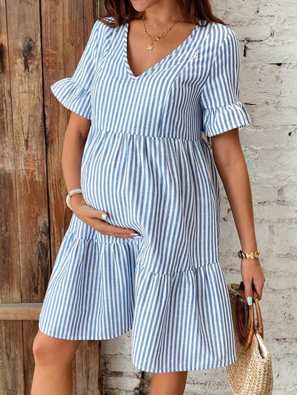 Maternity Striped Nursing Dress - V Neck, Flounce Sleeve, Ruffle Hem, Short, Green
