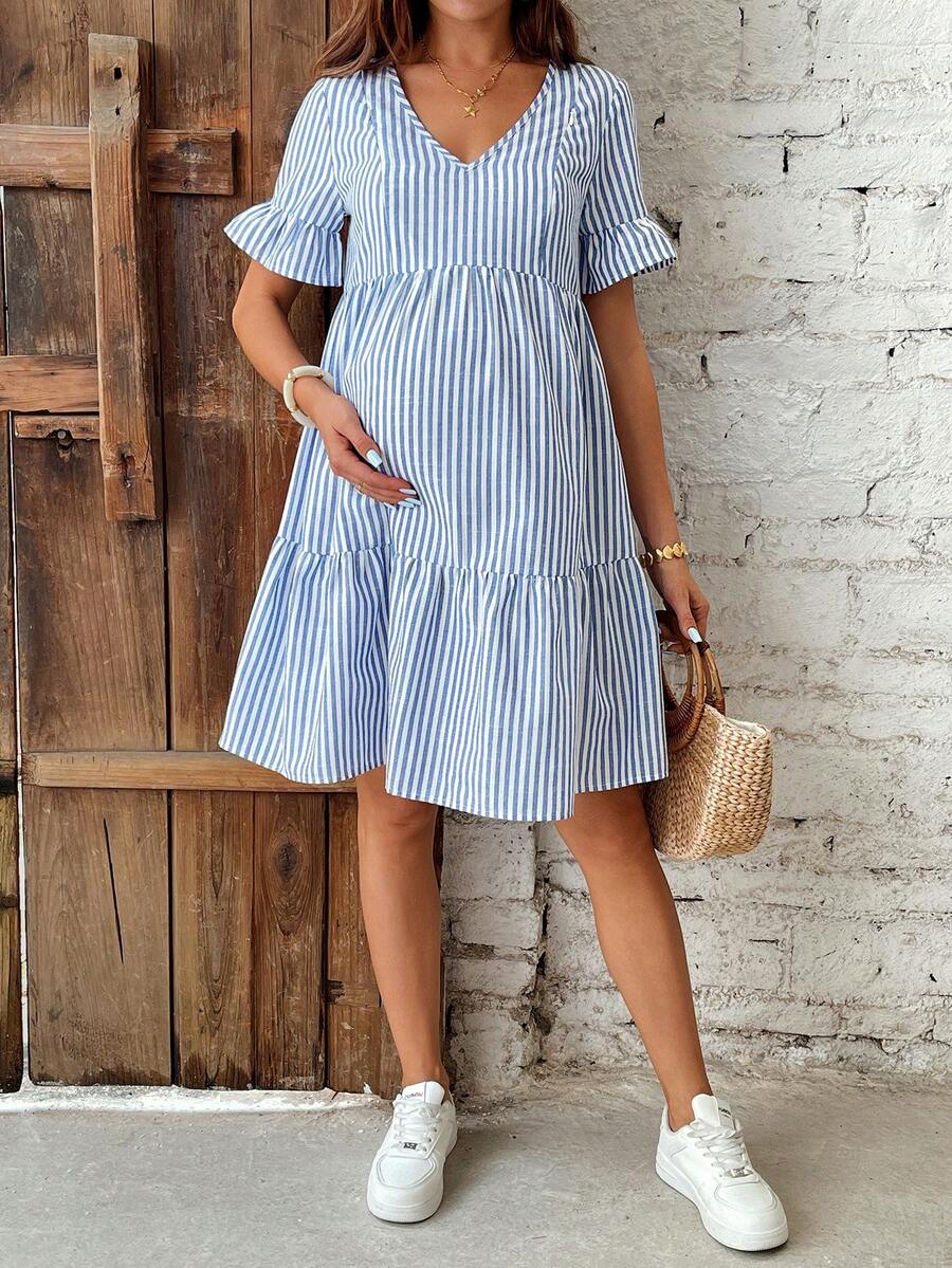 Blue and White Floral Striped Maternity Dress with Ruffle Flounce Sleeves and Loose Fit Hem Boho Beach Vacation Short Summer Dress