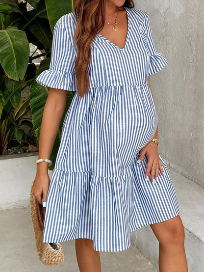 Maternity Striped Nursing Dress - V Neck, Flounce Sleeve, Ruffle Hem, Short, Green