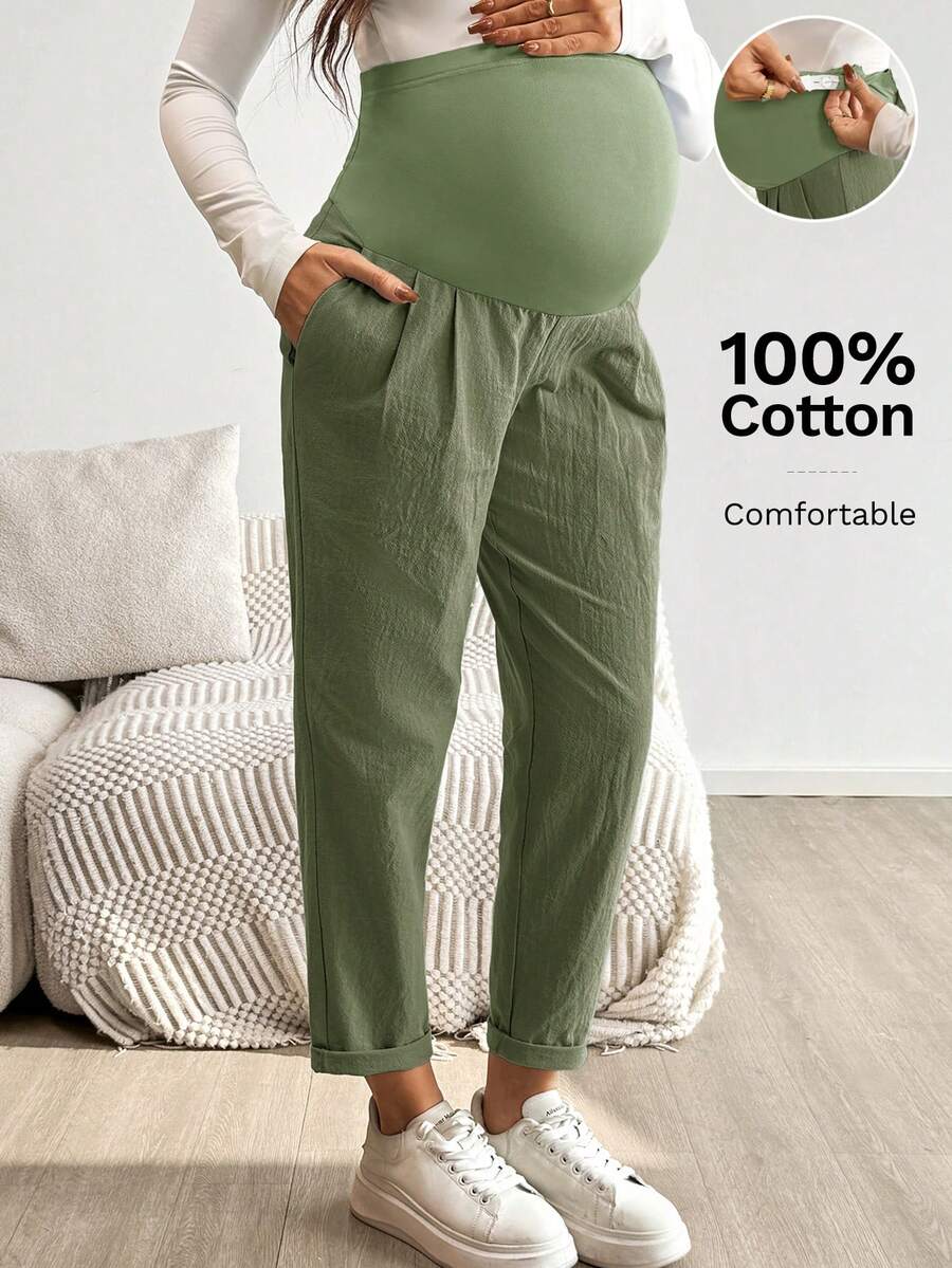 Maternity Tapered Pants - Adjustable Ultra High Waist, Apricot, Daily Commute