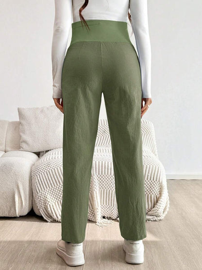 Maternity Tapered Pants - Adjustable Ultra High Waist, Cotton, Green