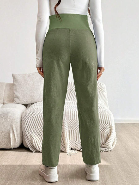 Maternity Tapered Pants - Adjustable Ultra High Waist, Cotton, Green