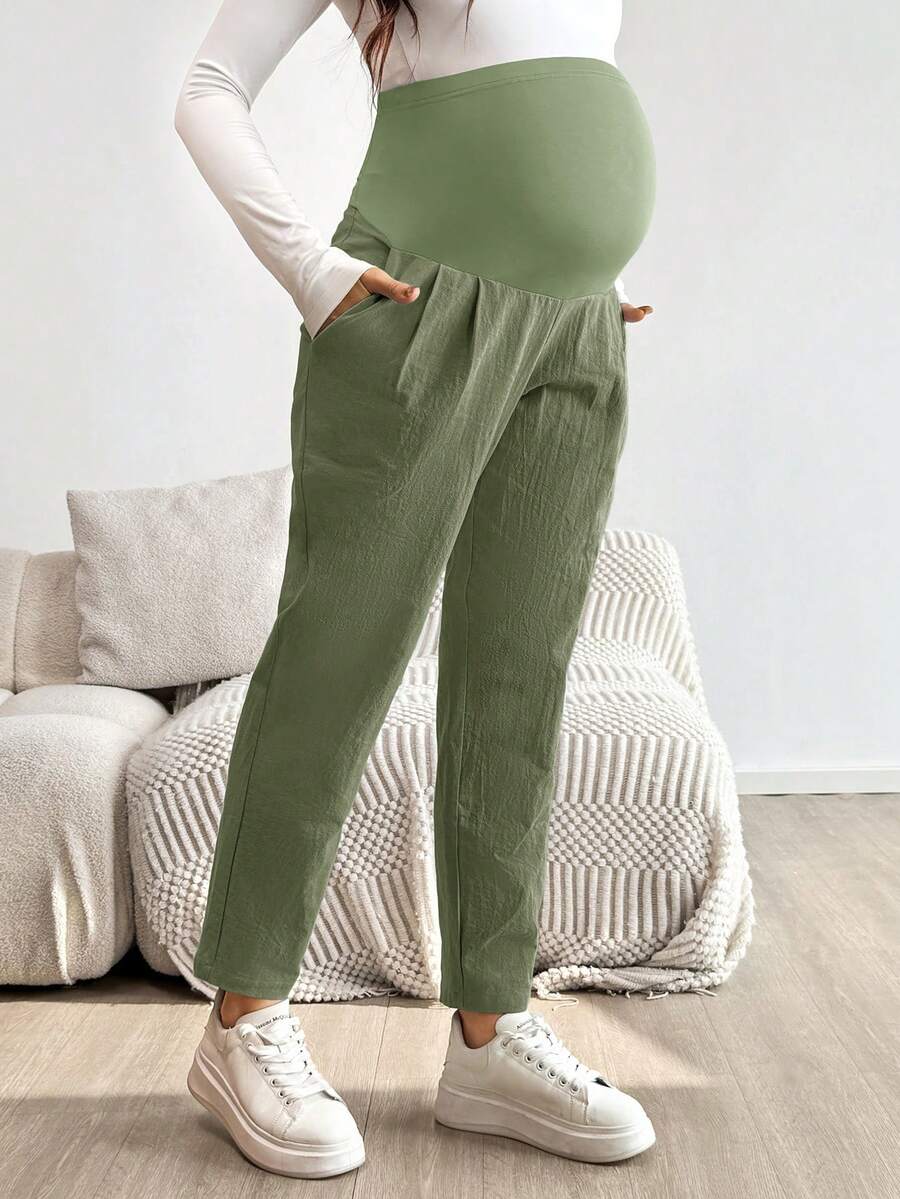 Maternity Tapered Pants - Adjustable Ultra High Waist, Apricot, Daily Commute
