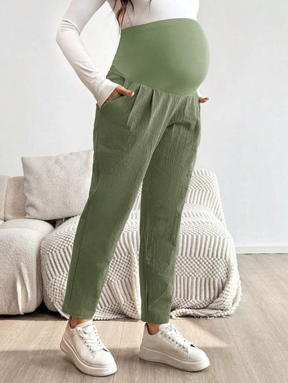 Maternity Tapered Pants - Adjustable Ultra High Waist, Apricot, Daily Commute