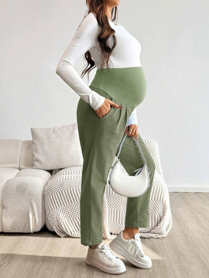Maternity Tapered Pants - Adjustable Ultra High Waist, Cotton, Green
