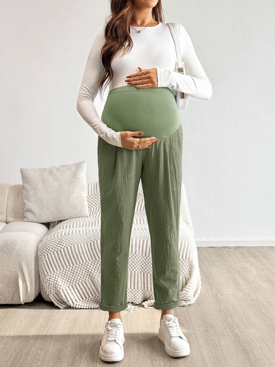 Pink Ultra High Waist Pleated Maternity Pants – 100% Cotton Tapered Trousers with Elastic Waist and Pockets for Casual & Semi-Formal Wear