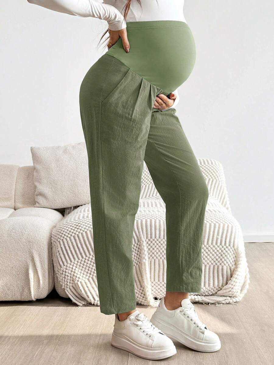 Maternity Tapered Pants - Adjustable Ultra High Waist, Apricot, Daily Commute