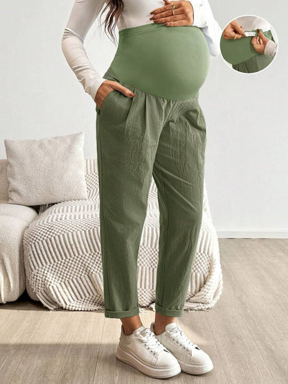 Maternity Tapered Pants - Adjustable Ultra High Waist, Cotton, Black