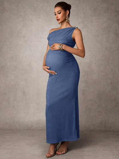 Maternity Casual Oblique Shoulder Sleeveless Long Dress Elegant Dresses Baby Shower Pregnancy Photoshoot Green Pregnant Bump Friendly