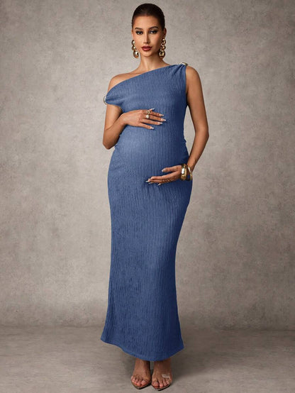 Maternity Casual Oblique Shoulder Sleeveless Long Dress Elegant Dresses Baby Shower Pregnancy Photoshoot Green Pregnant Bump Friendly