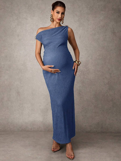 Maternity Casual Oblique Shoulder Sleeveless Long Dress Elegant Dresses Baby Shower Pregnancy Photoshoot Green Pregnant Bump Friendly