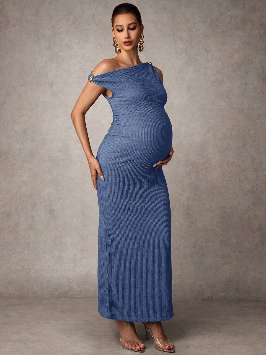 Maternity Casual Oblique Shoulder Sleeveless Long Dress Elegant Dresses Baby Shower Pregnancy Photoshoot Green Pregnant Bump Friendly